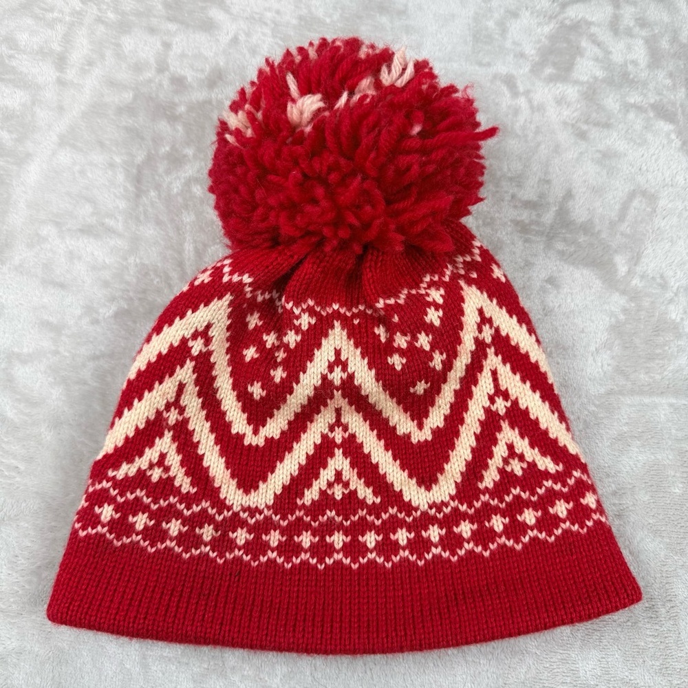 Vintage Andres Red Wool Fair Isle Pom Pom Beanie Nordic Winter Hat Scandinavian